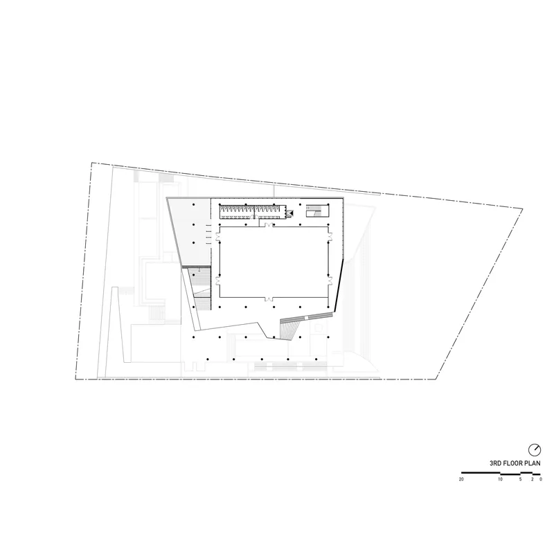 Third floor plan drawing showing an angular building footprint within a trapezoidal site boundary