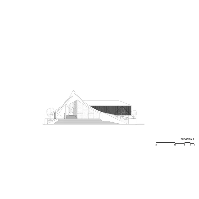 Elevation drawing A showing the angular roofline and vertical fenestration pattern with flanking trees