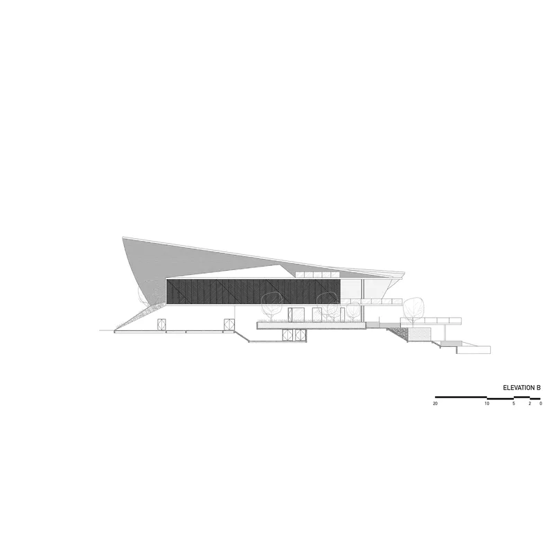 Elevation drawing showing a cantilevered volume with sloped roof and stepped base on sloping terrain