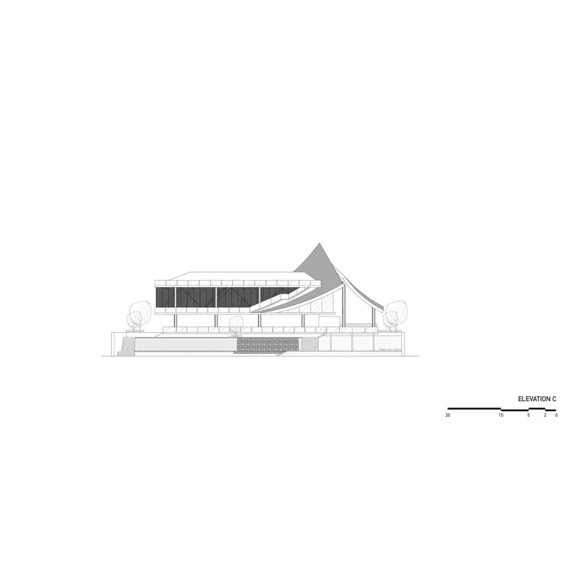 Elevation drawing revealing the section through a gabled roof volume supported by columns and exterior stairs