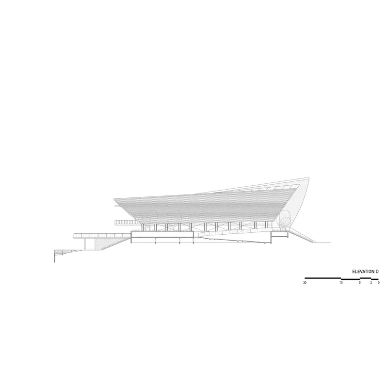 Elevation drawing displaying the long sweeping roof plane over a glazed colonnade with extended base terrace