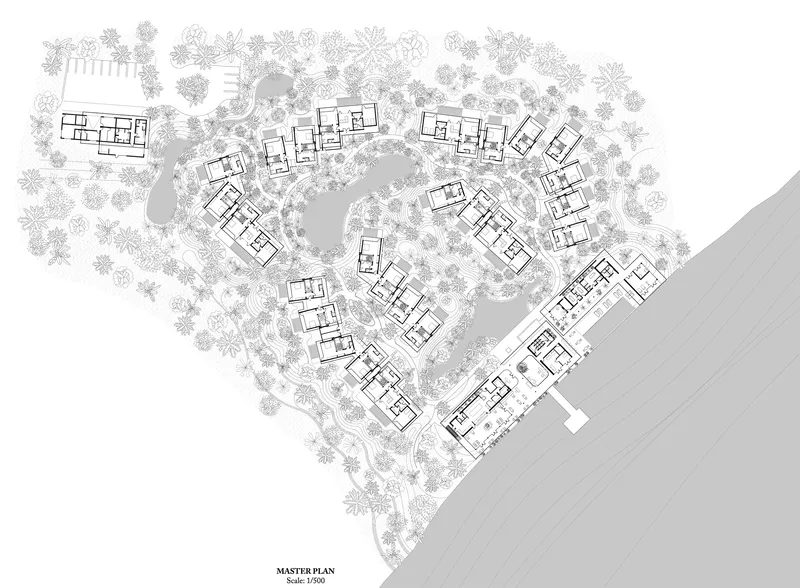 Master plan drawing showing multiple residential buildings arranged along a curving path through dense tree cover