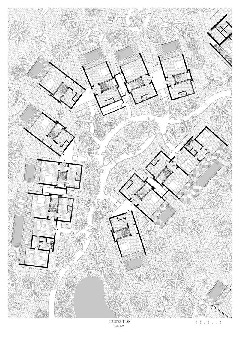 Cluster plan drawing showing ten detached villas distributed around a central water body with landscaping