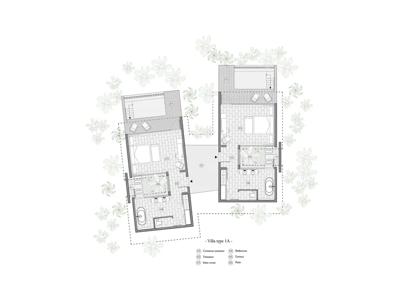 Floor plan drawing showing two linked villa units with enclosed courtyards and rooftop terraces
