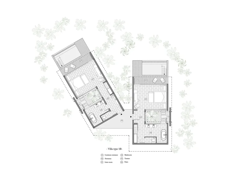 Floor plan drawing showing two villa units with bedrooms, bathrooms and terraces surrounded by landscaping