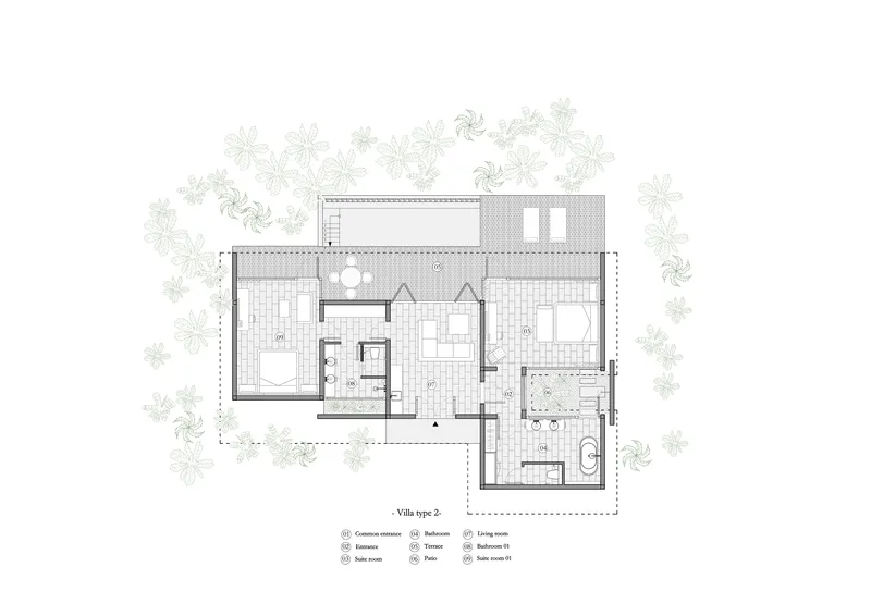 Floor plan drawing of a single villa unit with bedrooms, living areas and outdoor terraces amid trees