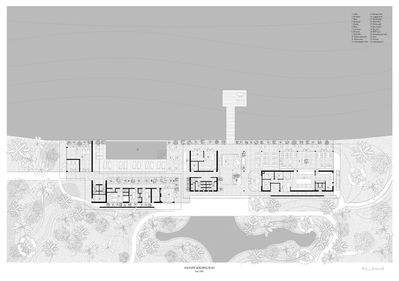 Floor plan drawing of a facility building with pool, rooms and landscaped grounds along a water edge