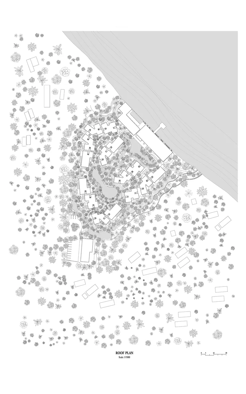 Roof plan drawing showing clustered villa buildings dispersed across a densely planted hillside site