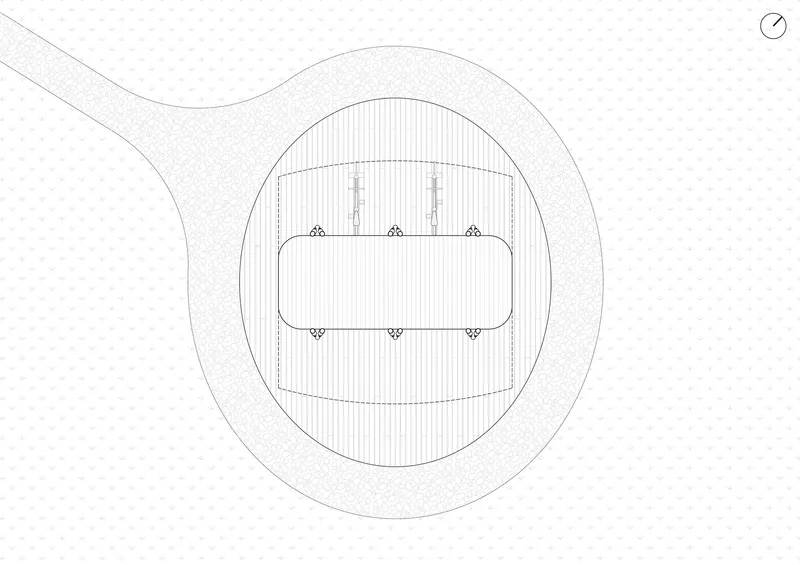 Plan drawing showing a rounded volume enclosing a central rectangular space with a curved access path