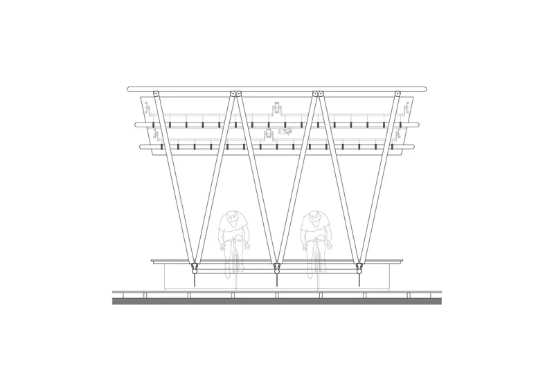 Section drawing illustrating a canopy structure with angled supports and two seated figures beneath