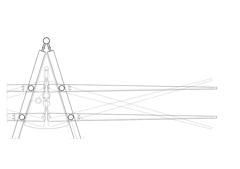 Detail drawing of the triangular apex joint with radiating cable connections and circular pivot elements