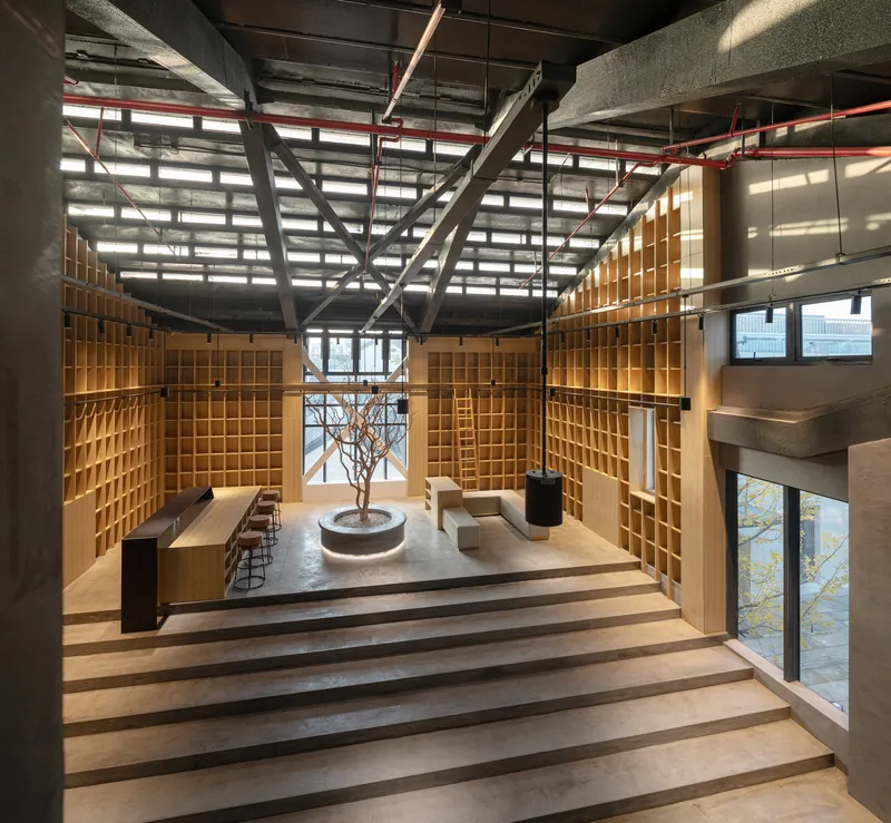 Terraced timber steps descending toward a central tree planter under diagonal steel bracing and clerestory windows