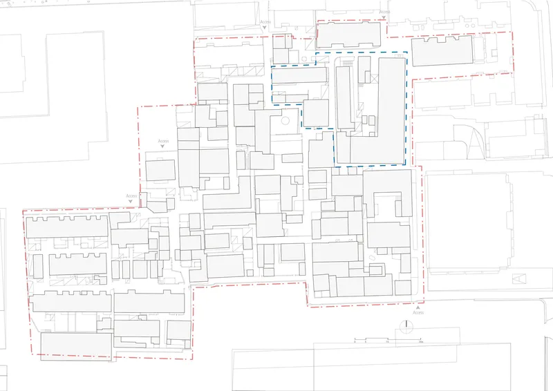 Site plan drawing showing multiple building footprints with dashed intervention boundaries on an urban block