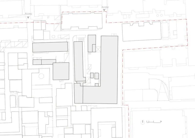 Site plan drawing showing the existing urban block with surrounding streets and building footprints