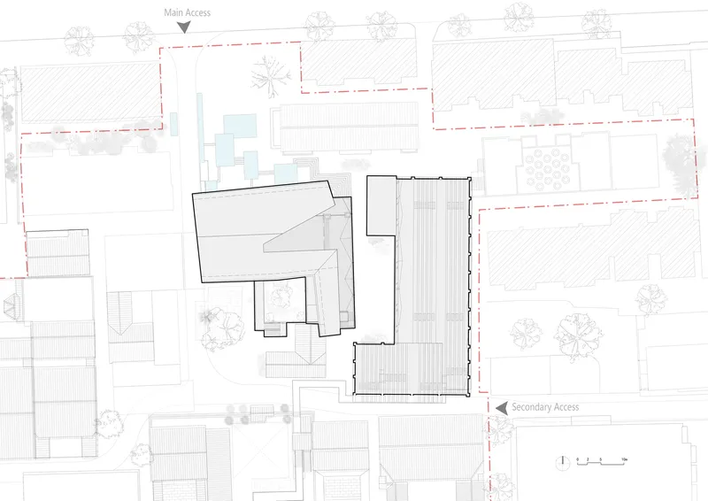 Site plan drawing showing proposed building volumes with adjacent courtyard spaces and tree locations