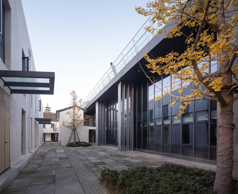 Courtyard passage with vertical metal fins along glass facade and ginkgo trees with yellow autumn foliage