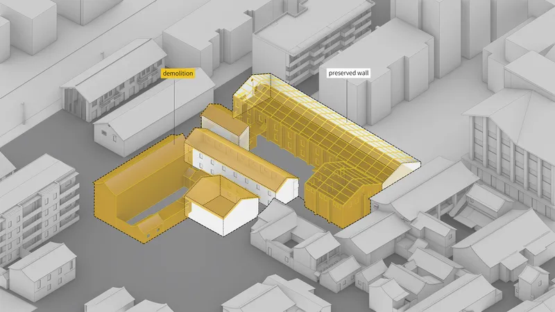 Axonometric diagram showing demolition zones in yellow and a retained wall within the block