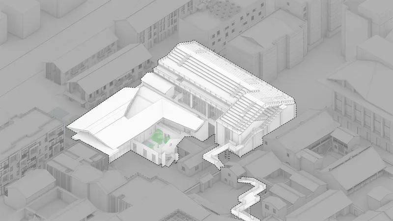 Axonometric view highlighting a central courtyard with a small green space between building volumes