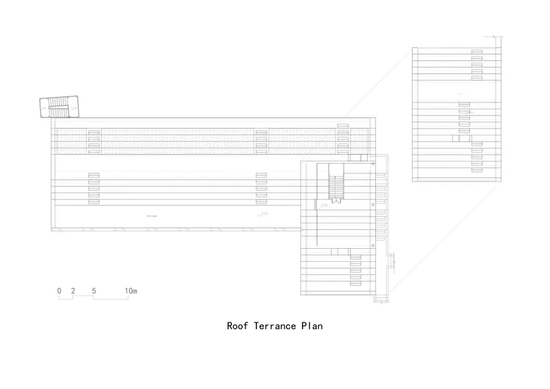 Roof terrace plan drawing showing an L-shaped layout with linear structural bays and exterior stairwell