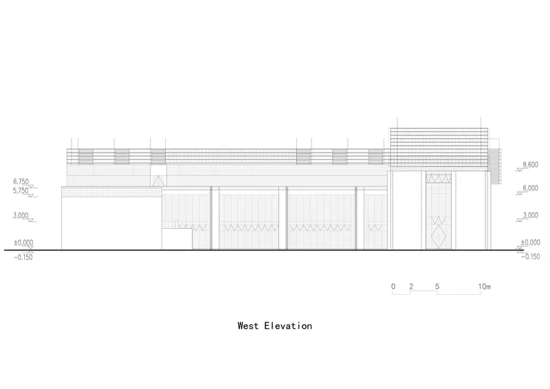 West elevation drawing illustrating a low horizontal building with stepped roof and vertical panel infill