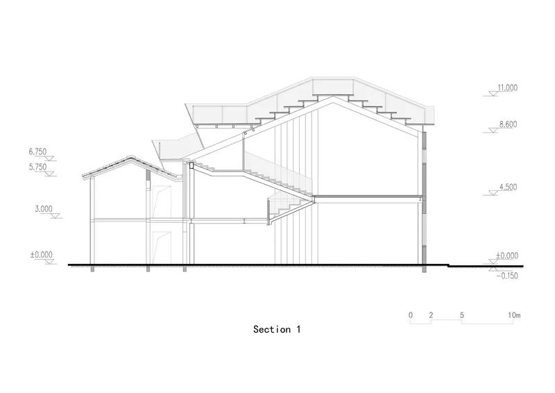 Section drawing showing a gabled roof structure with internal staircase and split-level floor heights