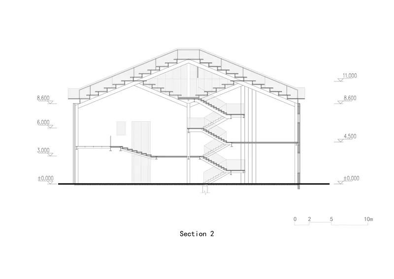 Section drawing revealing a symmetrical pitched roof with central stairwell and vertical circulation core