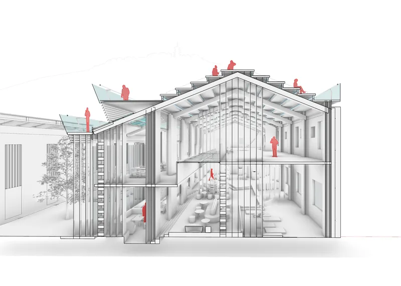 Section perspective drawing revealing interior spaces across three levels with red human figures