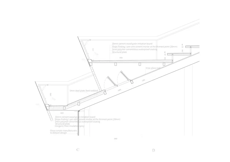 Construction detail section showing angled roof assembly with insulation board and structural plate layers