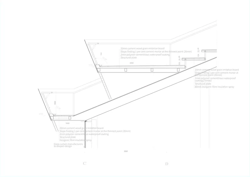 Construction detail section showing roof and wall assembly with insulation and waterproofing annotations