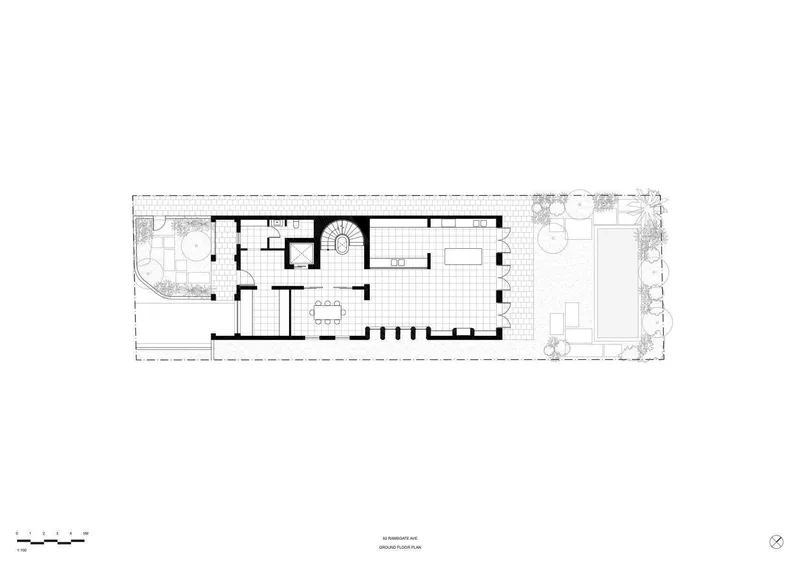 Ground floor plan showing living and dining spaces with spiral stair and garden courtyards