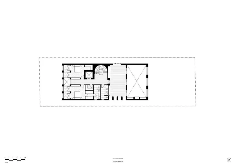 First floor plan showing bedroom suites and spiral stair with open void space