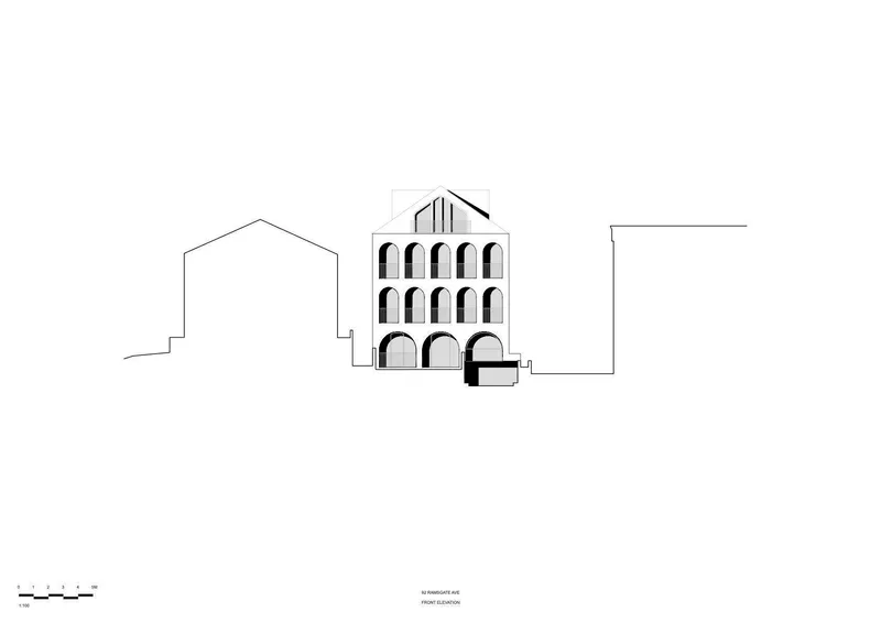 Front elevation drawing showing three-story facade with stacked arched openings and pitched roof