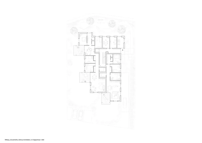 Ground floor plan drawing showing interconnected rooms around a central staircase with trees above