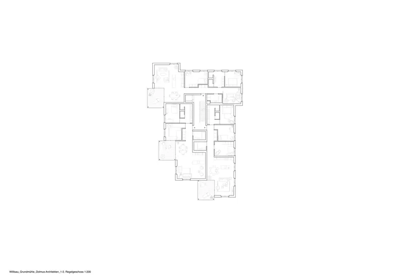 First floor plan drawing showing residential units arranged along a central corridor