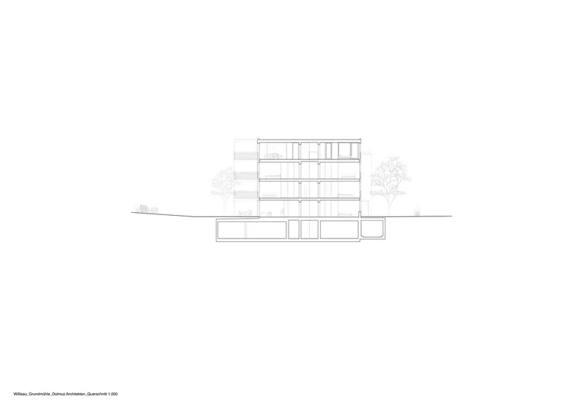 Section drawing showing a four-story building with basement levels and flanking trees