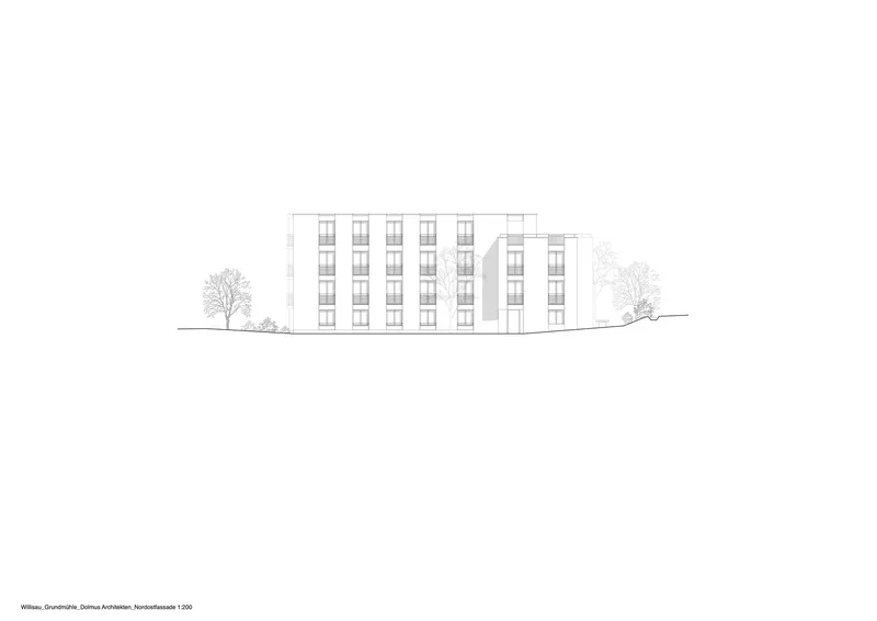 Elevation drawing showing a rectangular facade with regularly spaced window openings and surrounding trees
