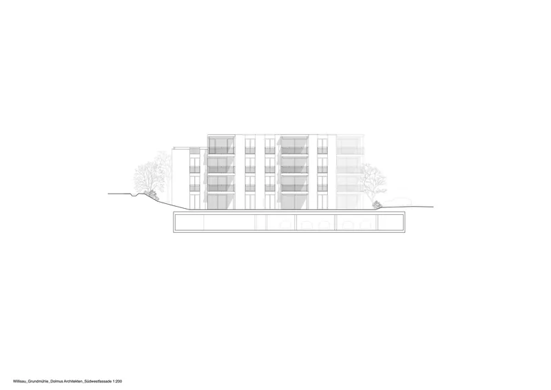 Elevation drawing showing a four-storey residential block with recessed balconies above a horizontal podium base