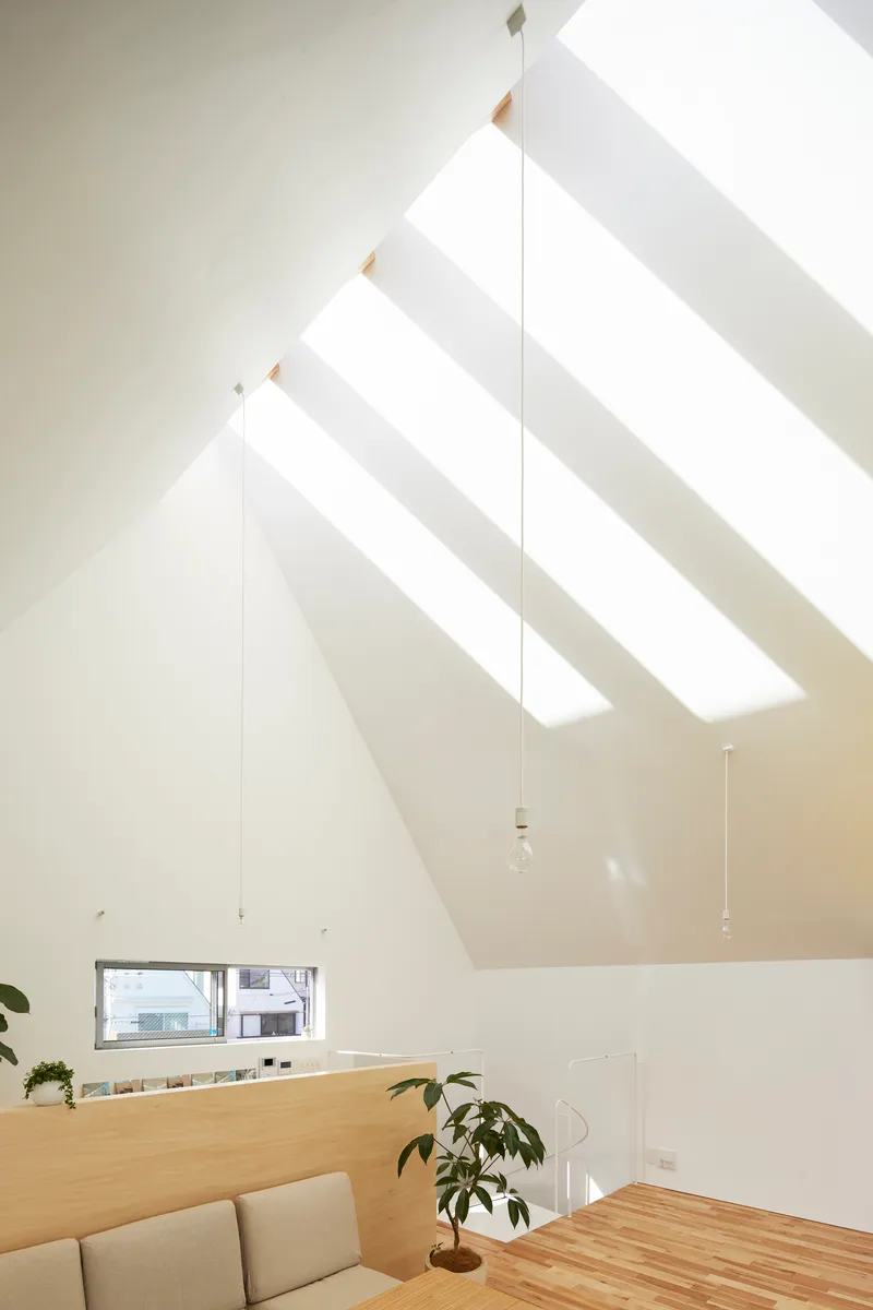 Pitched ceiling with exposed rafters and skylights casting diagonal shadows across white walls