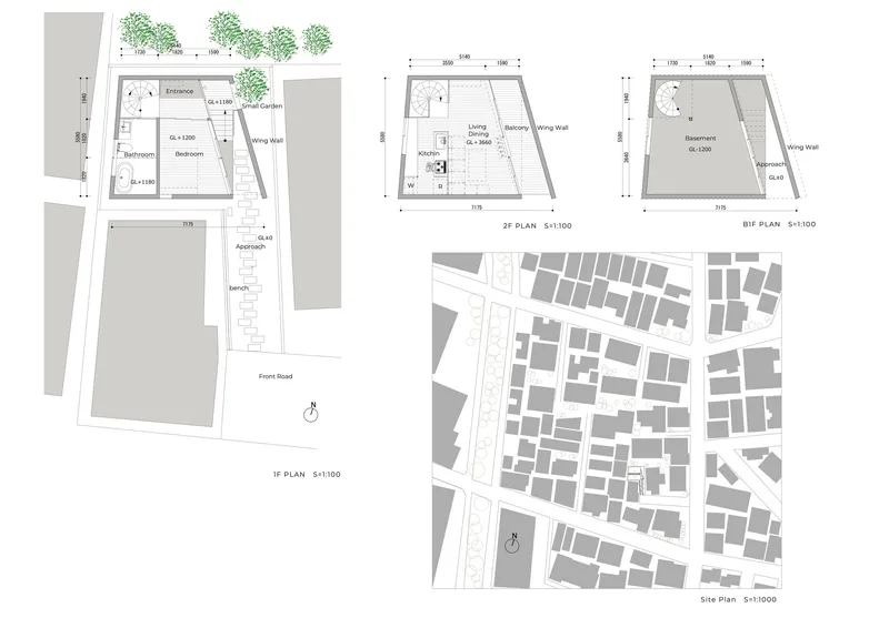 Floor plan drawings showing site context, ground floor, second floor and third floor layouts with courtyard