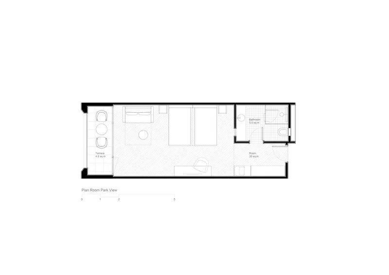 Floor plan drawing of a hotel room with terrace, sleeping area, and bathroom
