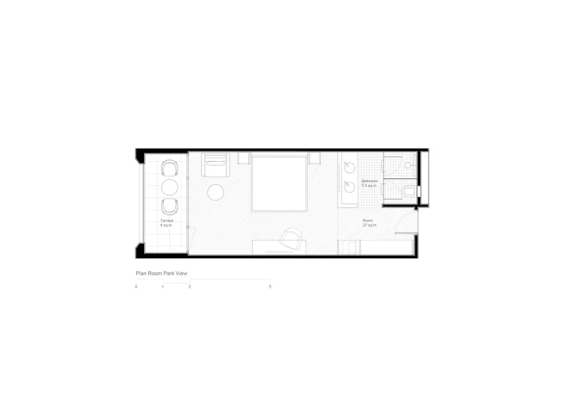 Floor plan drawing of a hotel room with terrace, sleeping area, and bathroom
