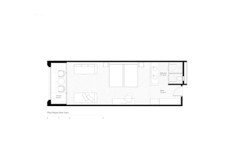 Floor plan drawing of a hotel room with terrace, sleeping area, and bathroom