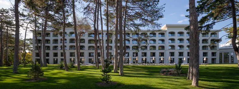 White facade with arched openings framed by tall pine trees on a sunlit lawn