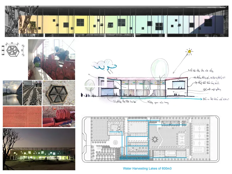 Presentation board showing section drawing, site plan, material samples and photographs of construction process