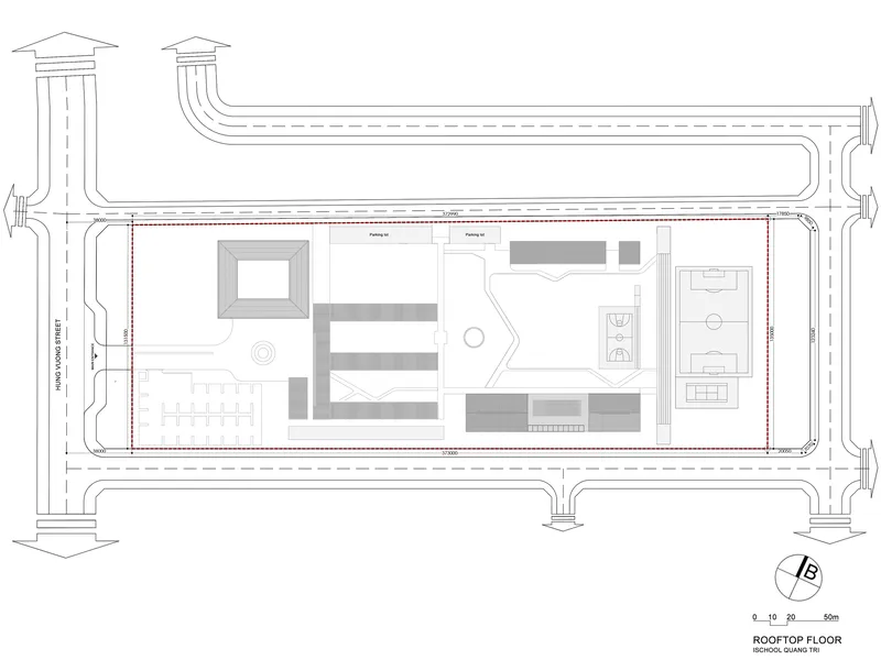 Rooftop floor plan with central void and scattered terrace zones across the building
