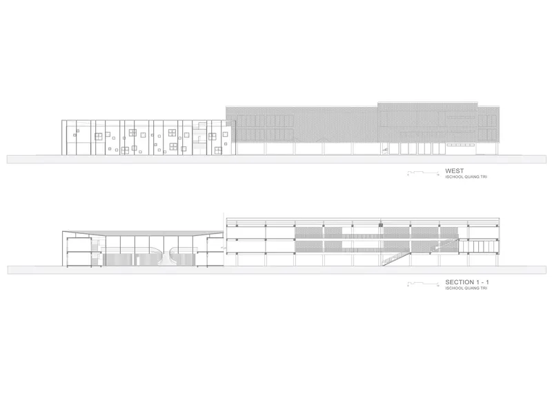 West elevation and longitudinal section showing the sloping roof over the main hall