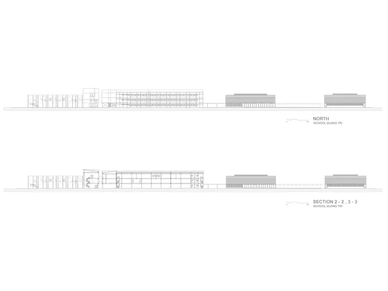 North elevation and transverse sections displaying the linear classroom block and separate sports facilities
