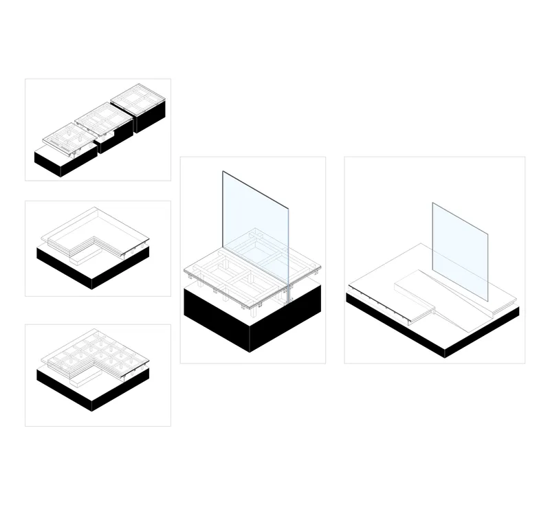 Isometric assembly diagrams showing modular components with vertical glass screens and paved platforms
