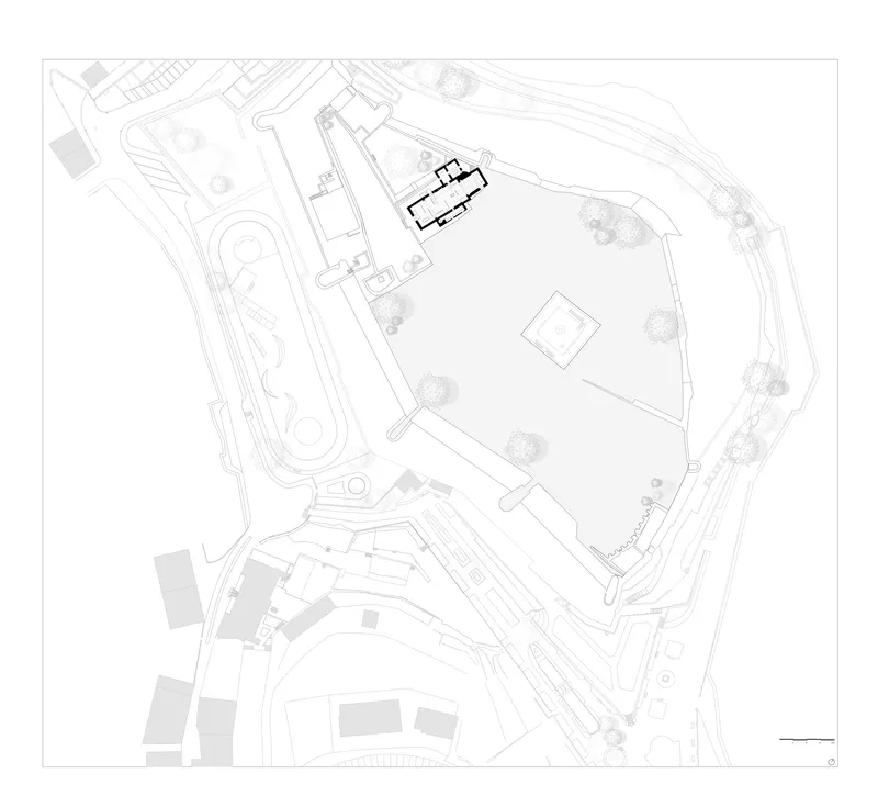 Site plan drawing showing an irregularly shaped precinct with buildings, courtyards, trees and curving pathways