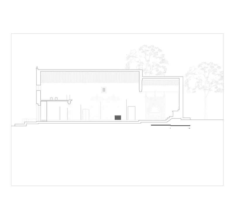 Elevation drawing of a low-slung building with a corrugated roof and mature trees in the background
